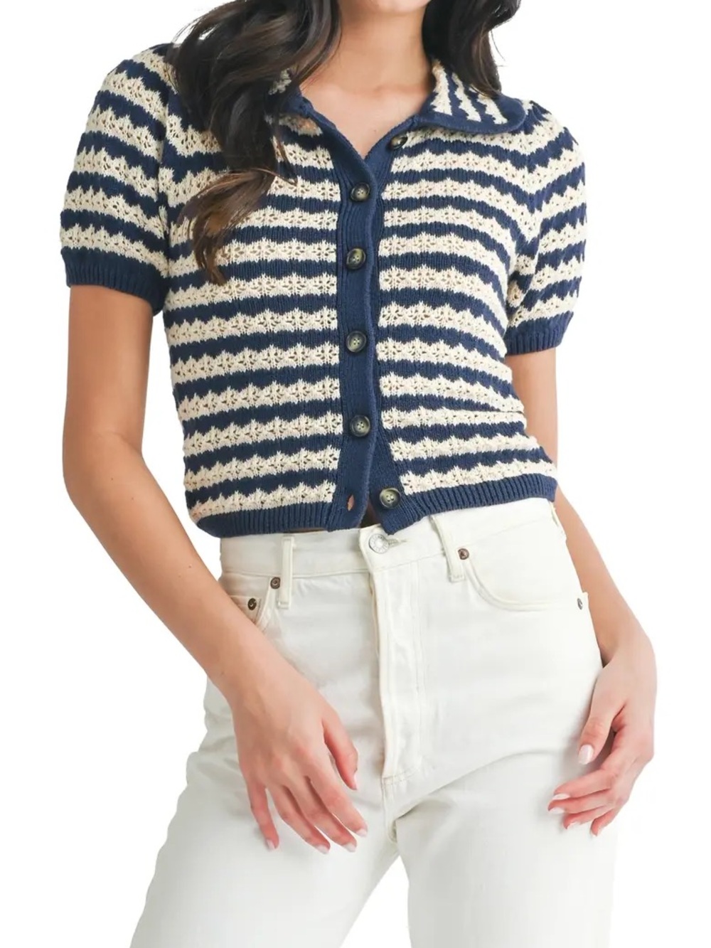 Lush Navy and Cream Striped Knit Button Cardigan
